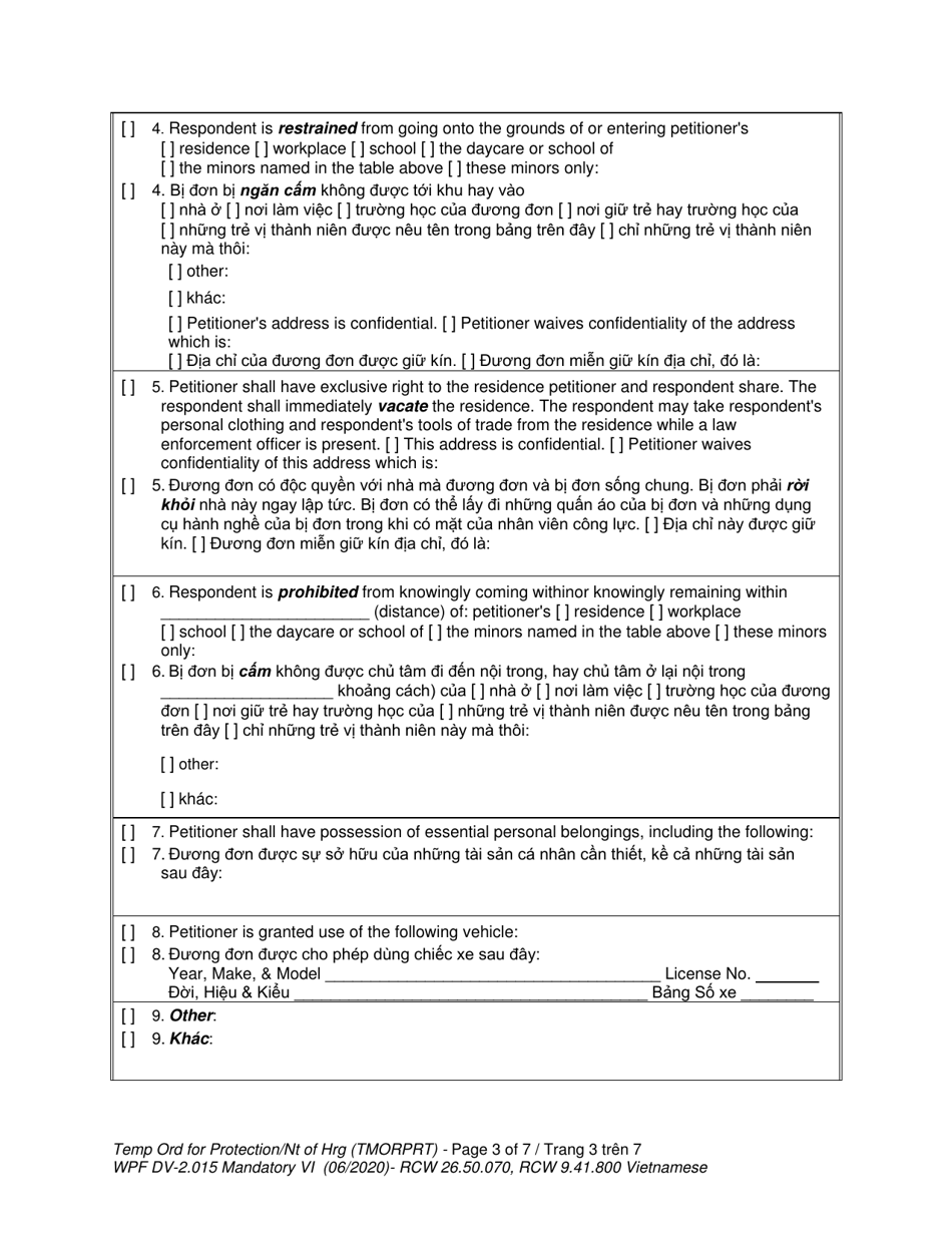 Form WPF DV-2.015 Temporary Order for Protection and Notice of Hearing (Tmorprt) - Washington (English / Vietnamese), Page 3