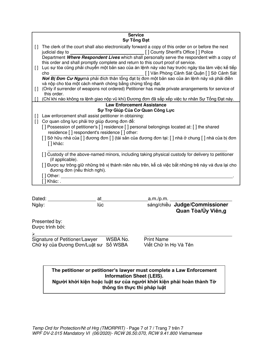 Form WPF DV-2.015 Temporary Order for Protection and Notice of Hearing (Tmorprt) - Washington (English / Vietnamese), Page 7