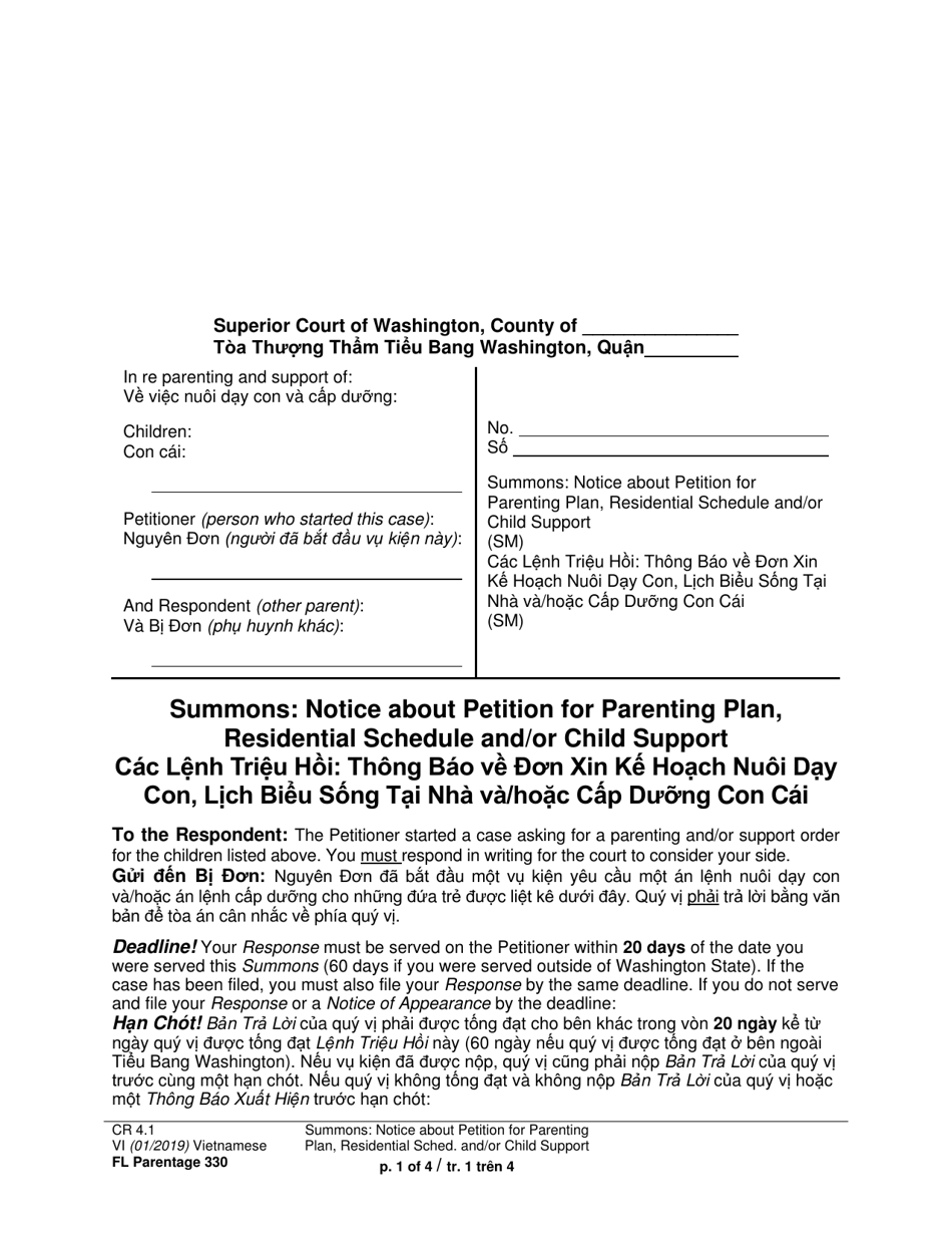 Form FL Parentage330 Summons: Notice About Petition for Parenting Plan, Residential Schedule and/or Child Support - Washington (English/Vietnamese), Page 1