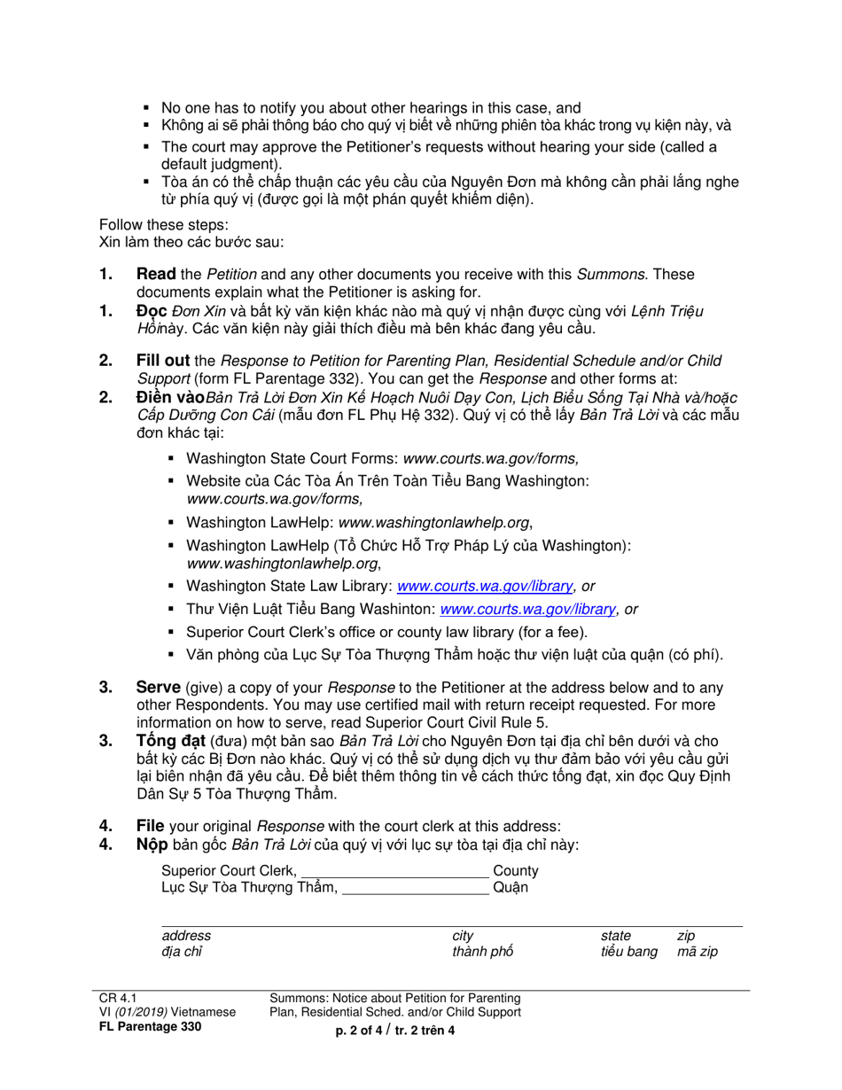 Form FL Parentage330 Summons: Notice About Petition for Parenting Plan, Residential Schedule and / or Child Support - Washington (English / Vietnamese), Page 2