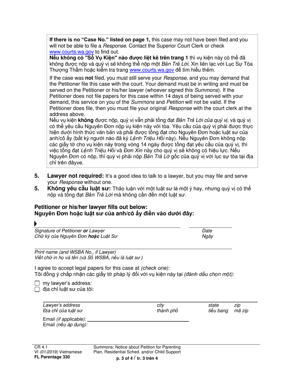Form FL Parentage330 Summons: Notice About Petition for Parenting Plan, Residential Schedule and / or Child Support - Washington (English / Vietnamese), Page 3