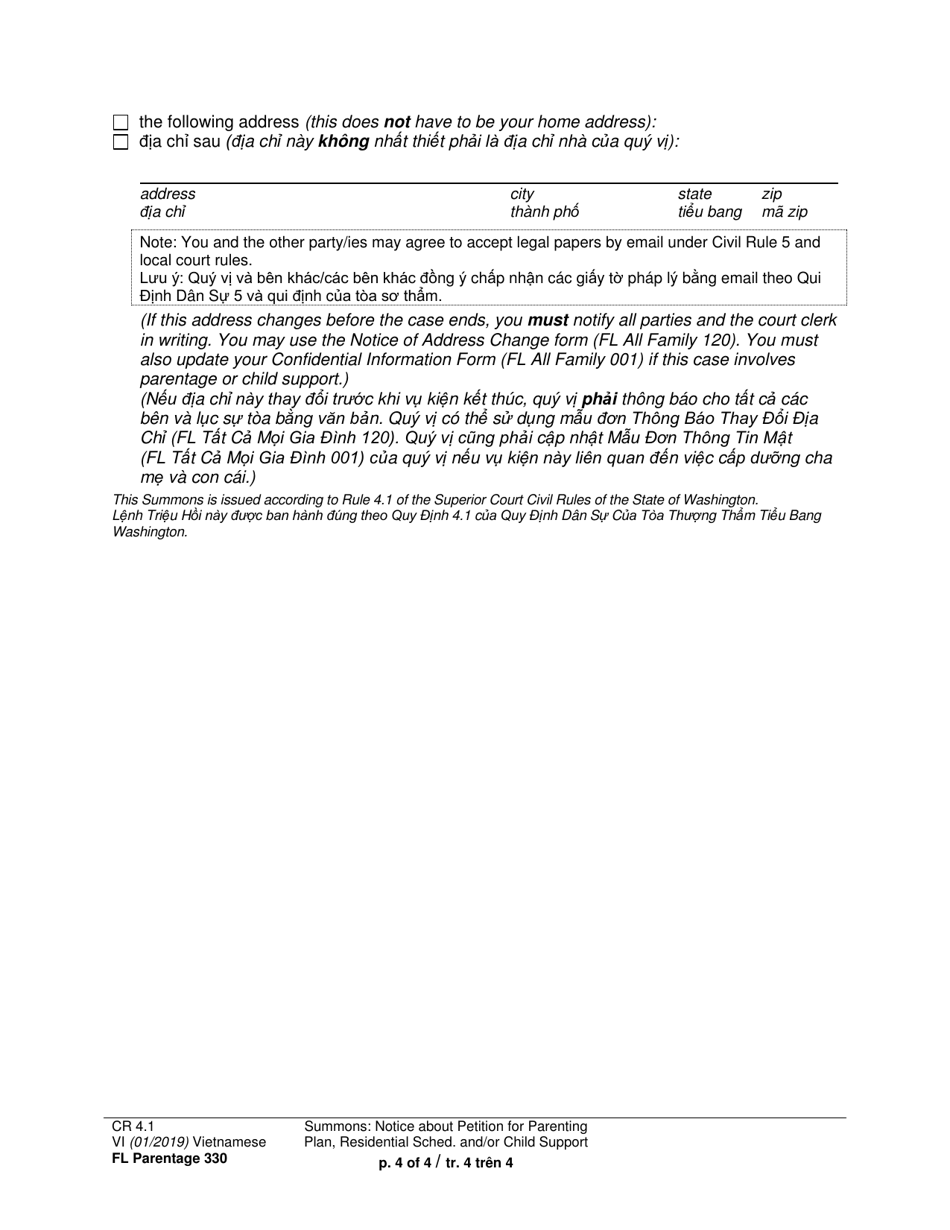 Form FL Parentage330 Summons: Notice About Petition for Parenting Plan, Residential Schedule and / or Child Support - Washington (English / Vietnamese), Page 4