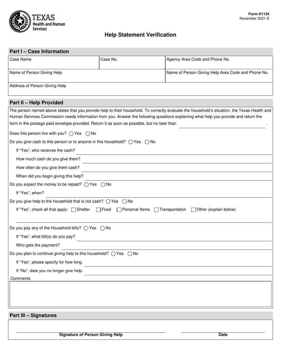 Form H1134 Help Statement Verification - Texas, Page 1