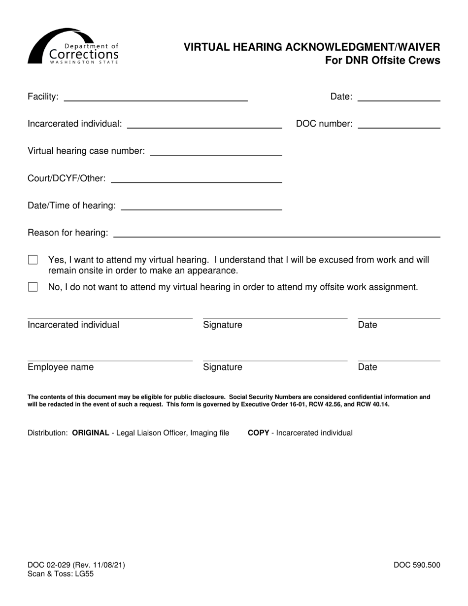Form DOC02-029 Virtual Hearing Acknowledgement / Waiver for DNR Offsite Crews - Washington, Page 1
