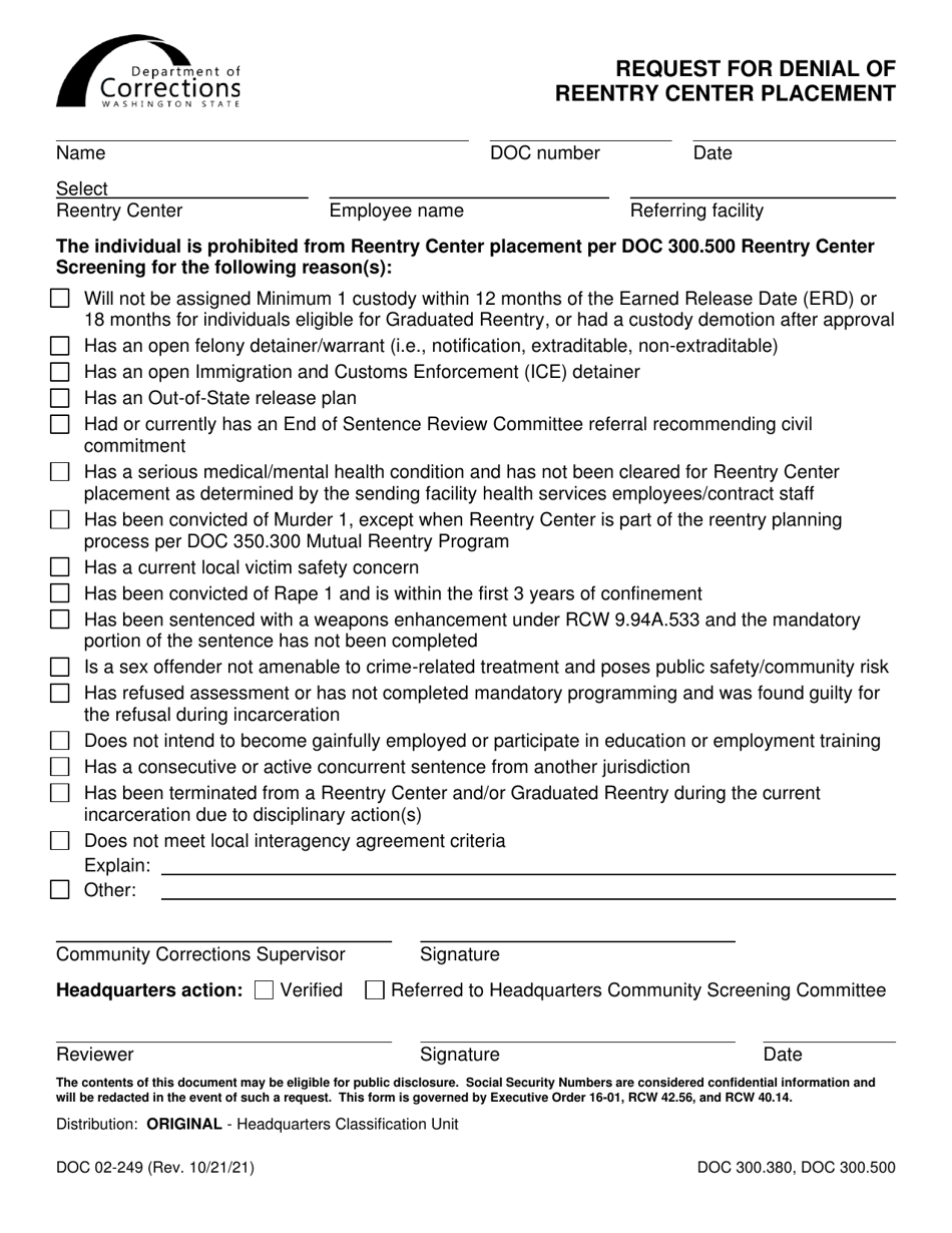 Form DOC02-249 Request for Denial of Reentry Center Placement - Washington, Page 1