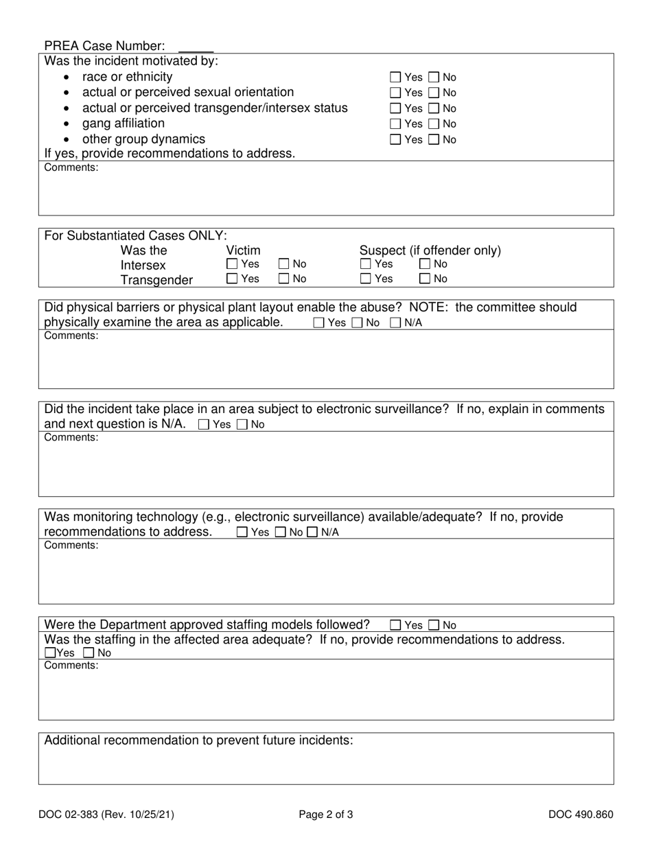 Form DOC02-383 Local Prea Investigation Review Checklist - Washington, Page 2