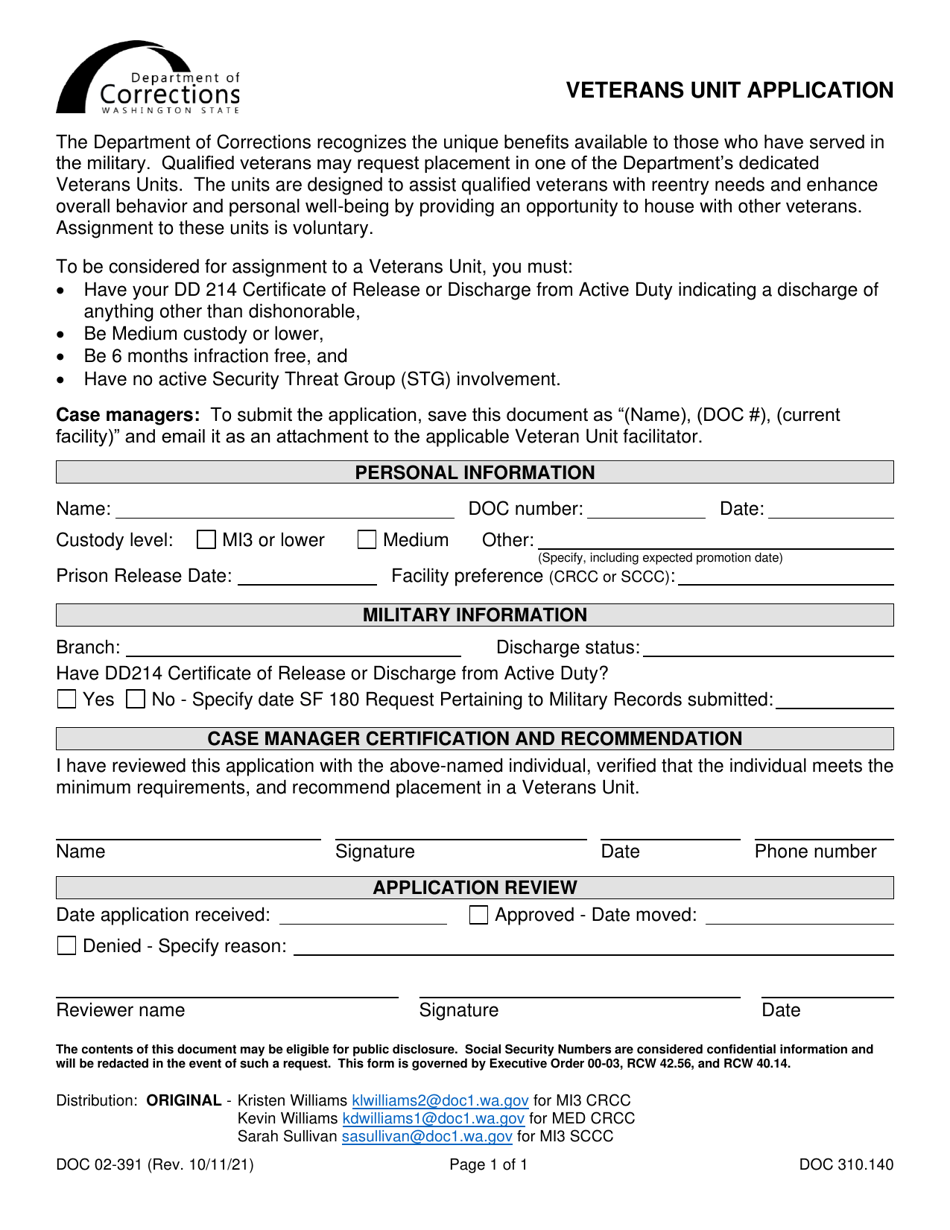 Form DOC02-391 Veterans Unit Application - Washington, Page 1