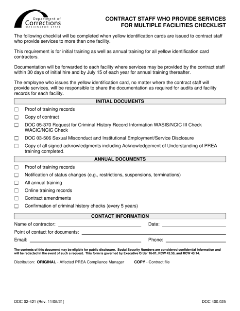 Form DOC02-421 Contract Staff Who Provide Services for Multiple Facilities Checklist - Washington