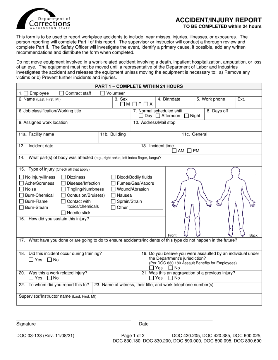 Form DOC03-133 Accident / Injury Report - Washington, Page 1