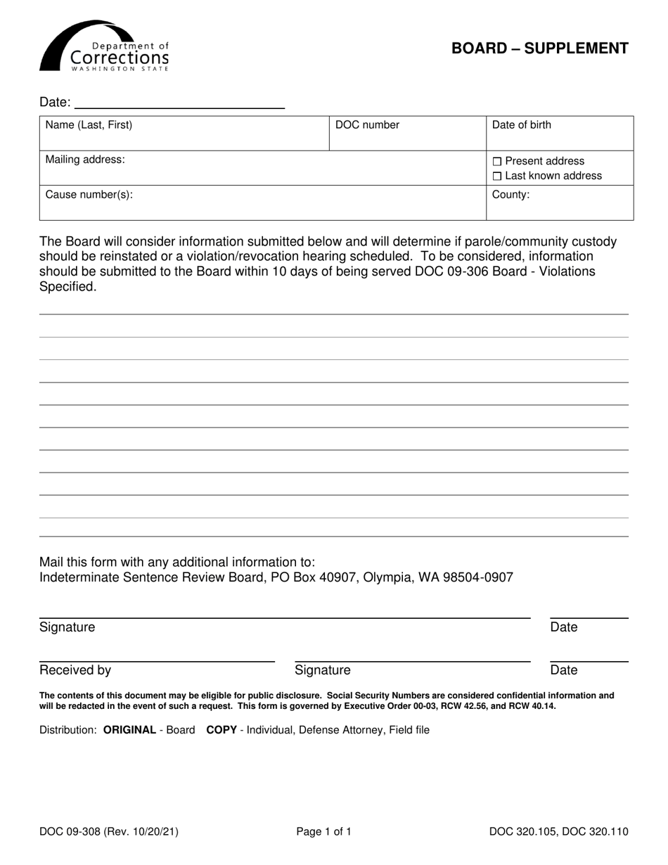 Form DOC09-308 Board - Supplement - Washington, Page 1