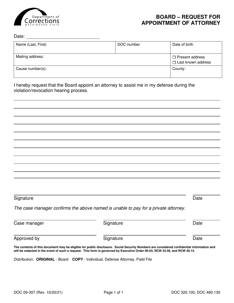 Form DOC09-307 Board - Request for Appointment of Attorney - Washington, Page 1