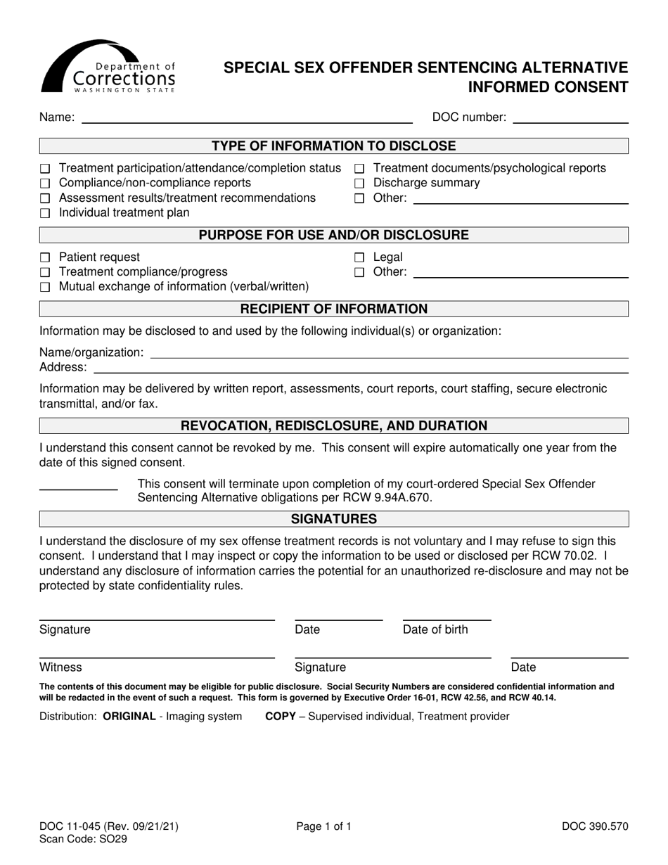Form DOC11-045 Special Sex Offender Sentencing Alternative Informed Consent - Washington, Page 1