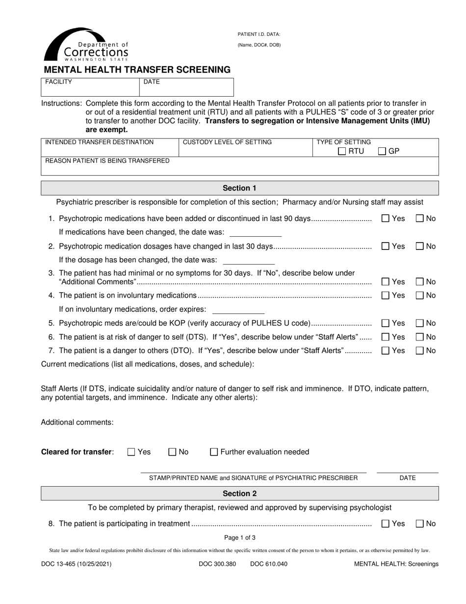 Form DOC13-465 Mental Health Transfer Screening - Washington, Page 1