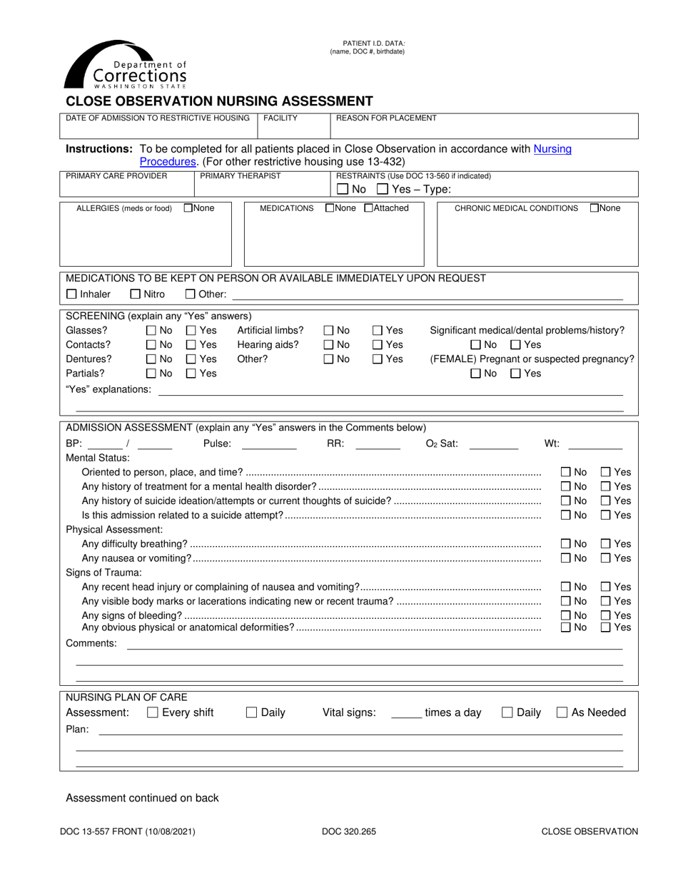 Form DOC13-557 Close Observation Nursing Assessment - Washington, Page 1