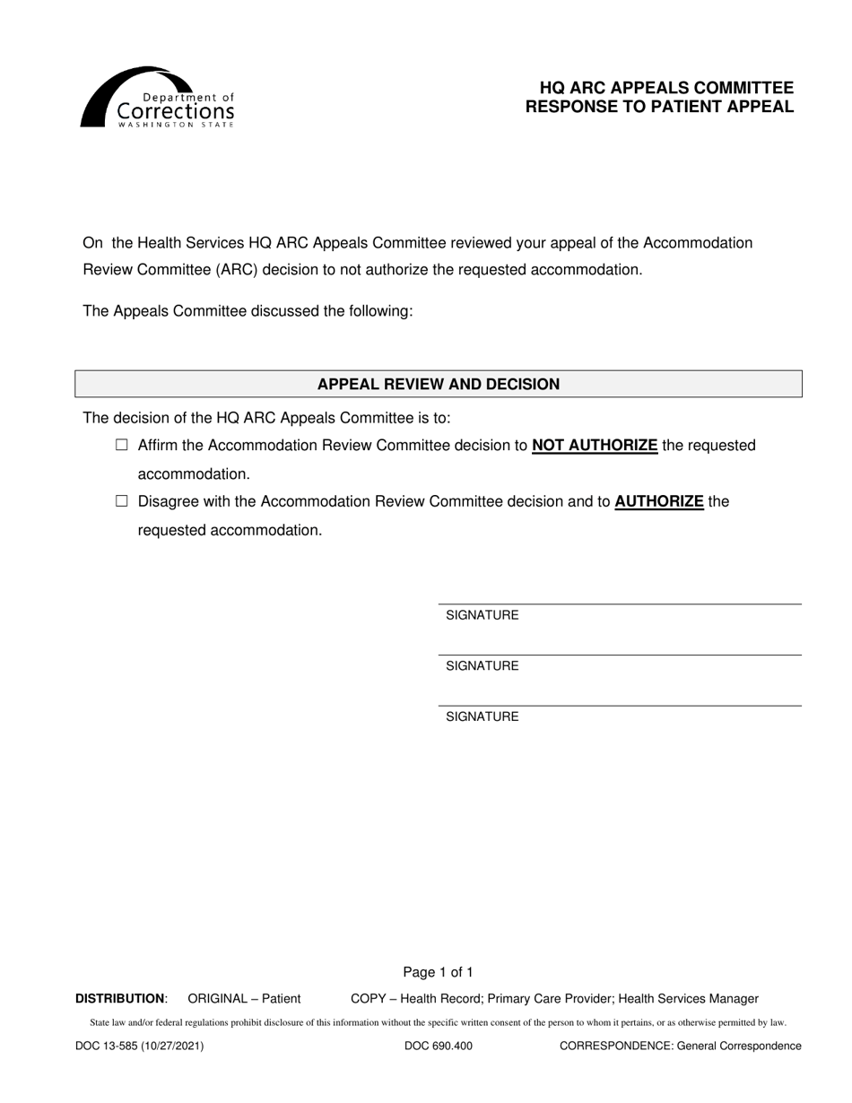 Form DOC13-585 HQ ARC Appeals Committee Response to Patient Appeal - Washington, Page 1