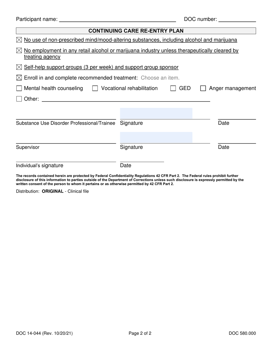 Form DOC14-044 Substance Use Disorder Discharge Summary and Continued Care Plan - Washington, Page 2