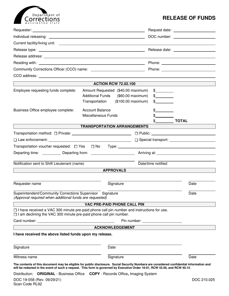 Form DOC19-058 Release of Funds - Washington, Page 1
