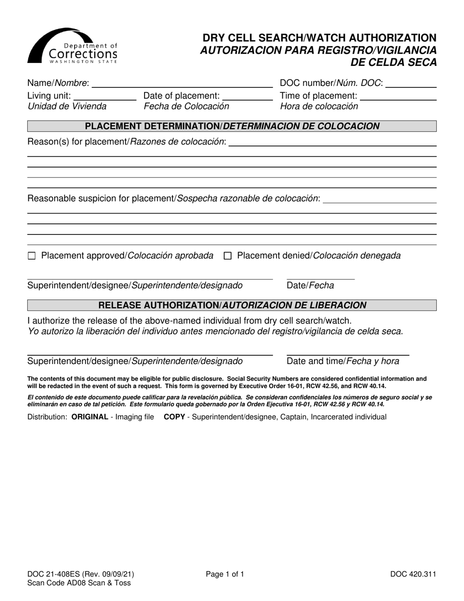 Form DOC21-408ES Dry Cell Search / Watch Authorization - Washington (English / Spanish), Page 1