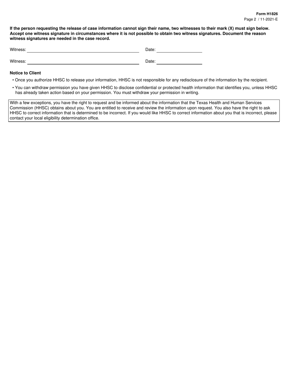 Form H1826 Download Fillable Pdf Or Fill Online Case Information Release Texas Templateroller 7134