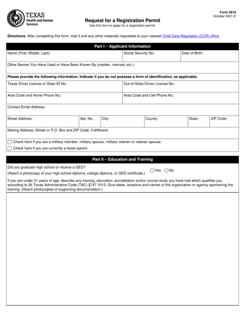 Form 2919 Request for a Registration Permit - Texas