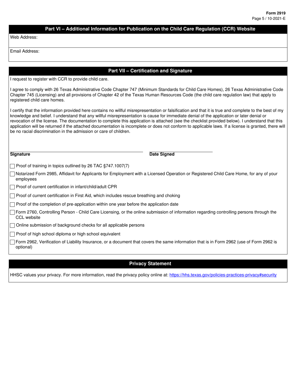 Form 2919 Request for a Registration Permit - Texas, Page 5