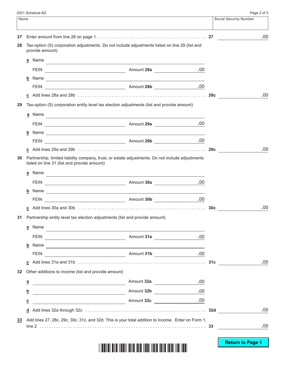 Form 1 (I-0101) Schedule AD Additions to Income - Wisconsin, Page 2