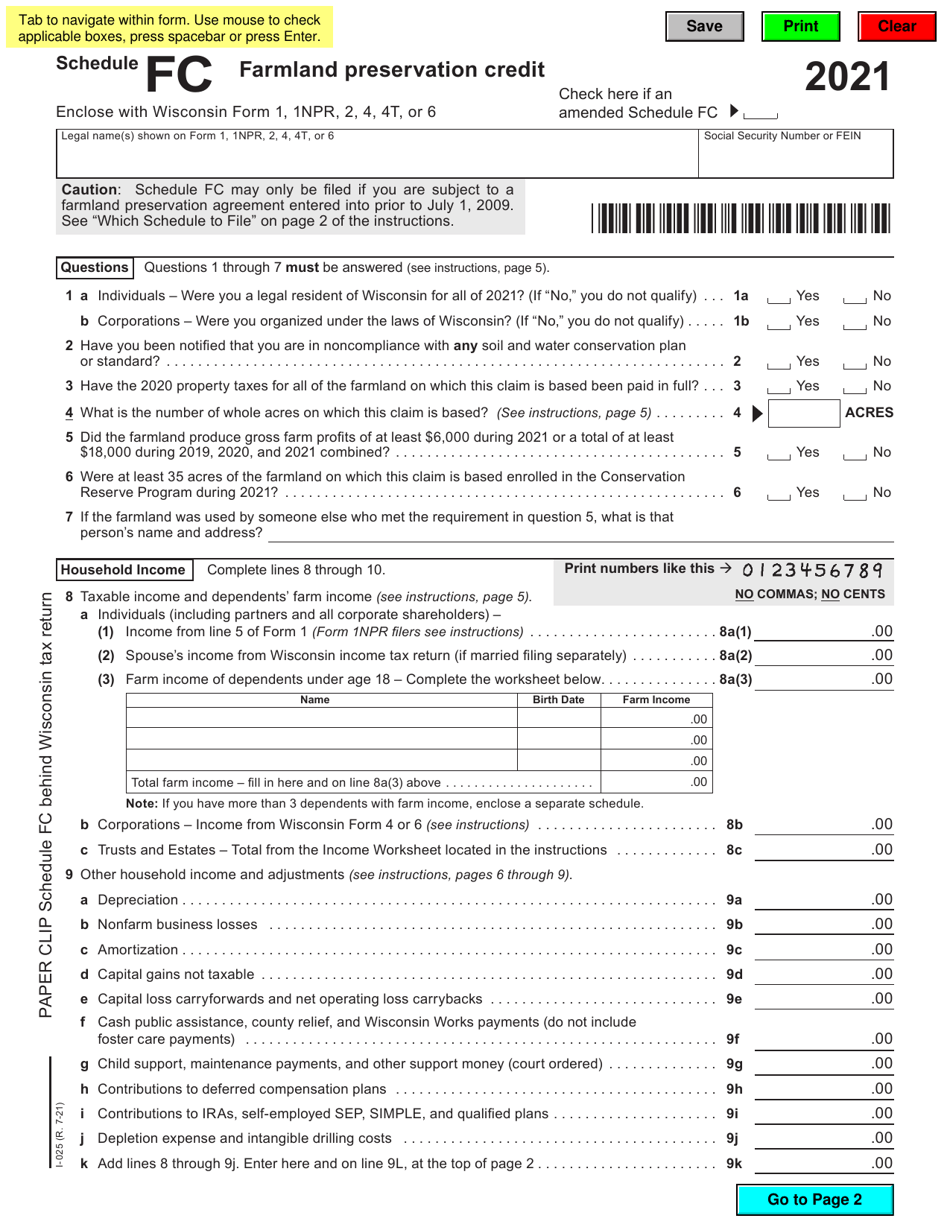 Form I-025 Schedule FC Farmland Preservation Credit - Wisconsin, Page 1