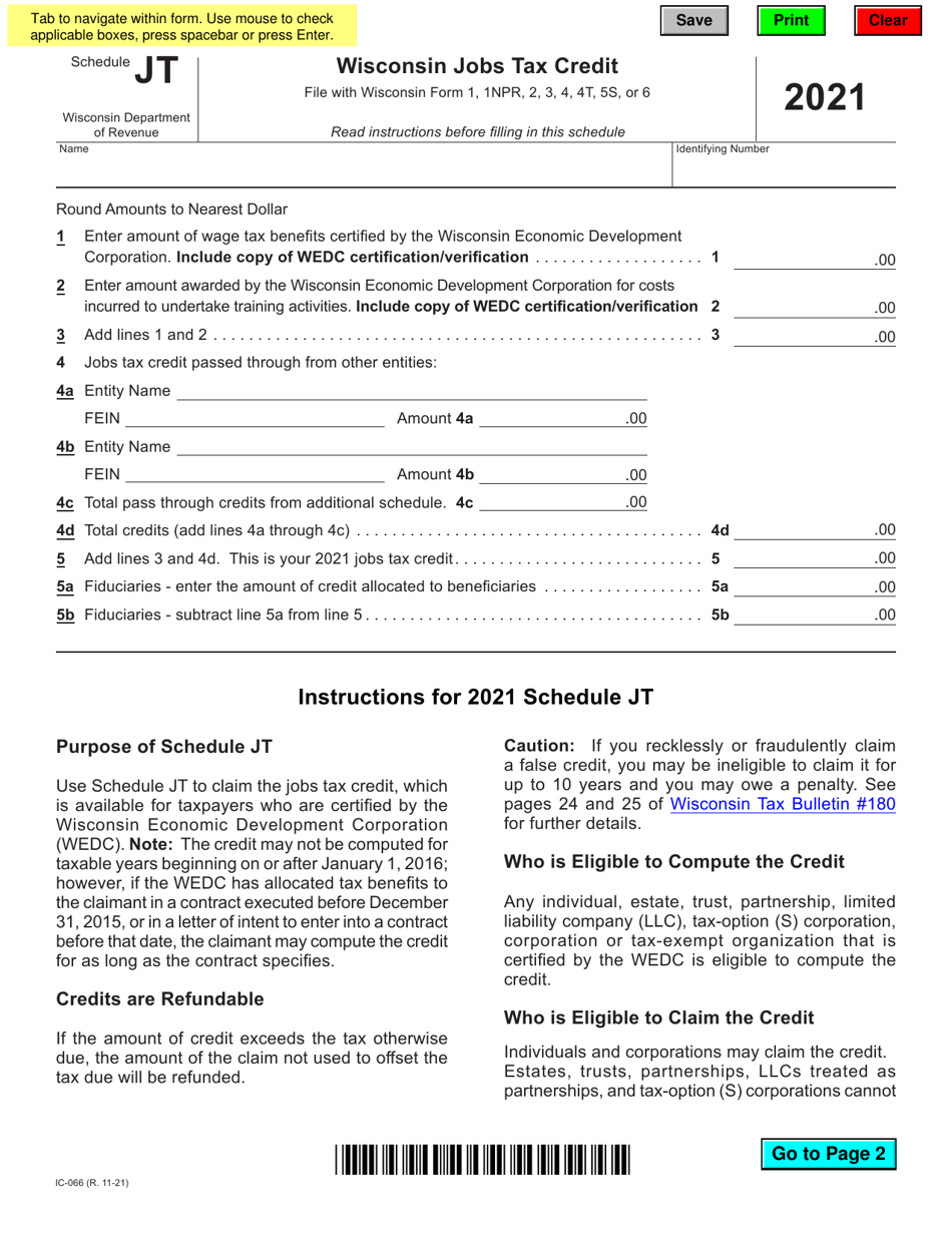 Form IC-066 Schedule JT Wisconsin Jobs Tax Credit - Wisconsin, Page 1