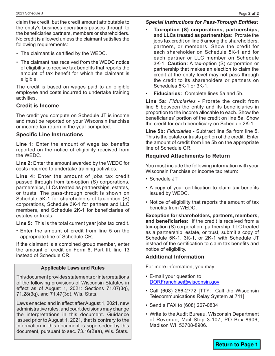 Form IC-066 Schedule JT Wisconsin Jobs Tax Credit - Wisconsin, Page 2