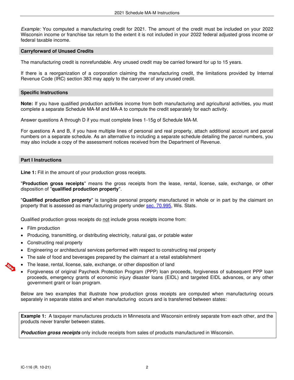 Instructions for Form IC-016 Schedule MA-M Wisconsin Manufacturing Credit - Wisconsin, Page 2