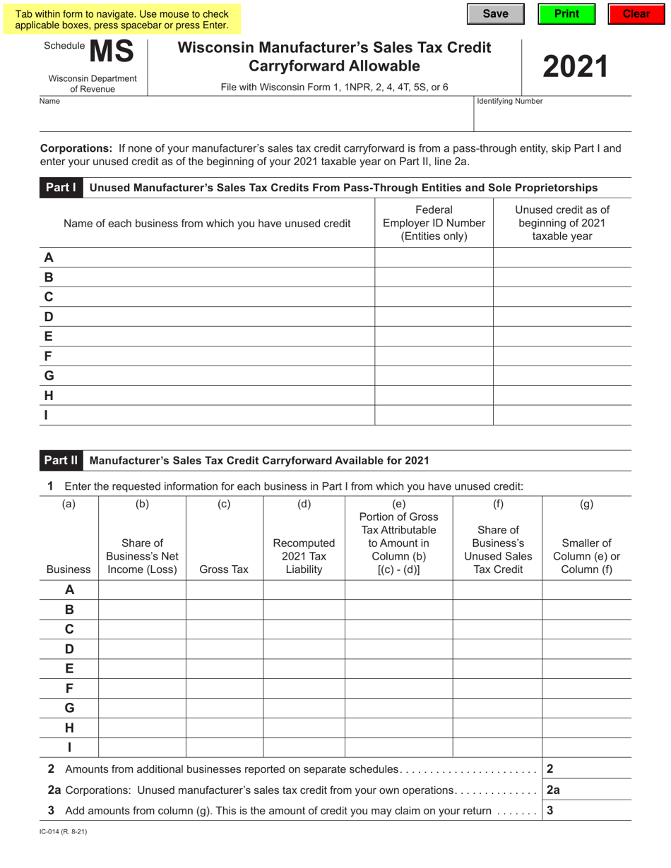 Form IC-014 Schedule MS Wisconsin Manufacturers Sales Tax Credit Carryforward Allowable - Wisconsin, Page 1