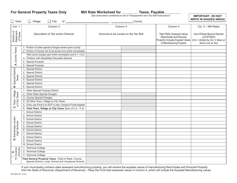 Form PA-5/623 Mill Rate Worksheet - Wisconsin