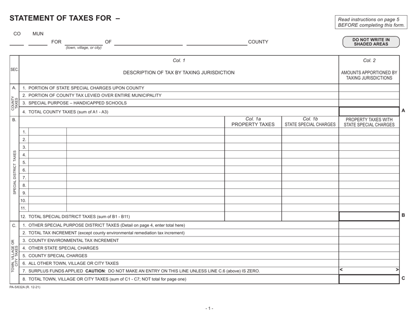 Form PA-5/632A Statement of Taxes - Wisconsin