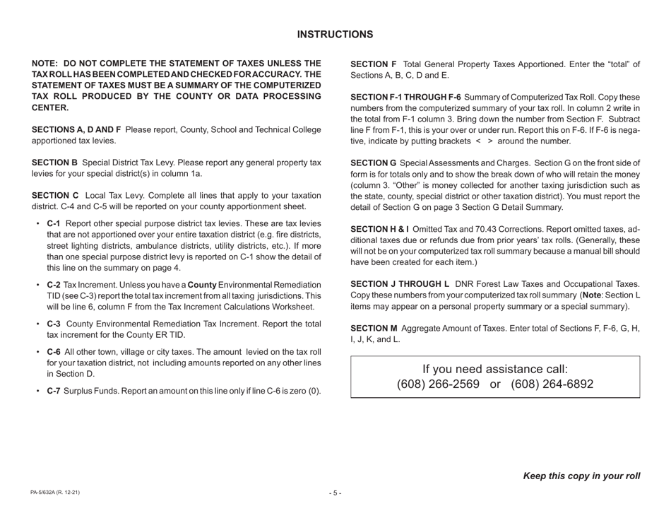 Form PA-5 / 632A Statement of Taxes - Wisconsin, Page 5