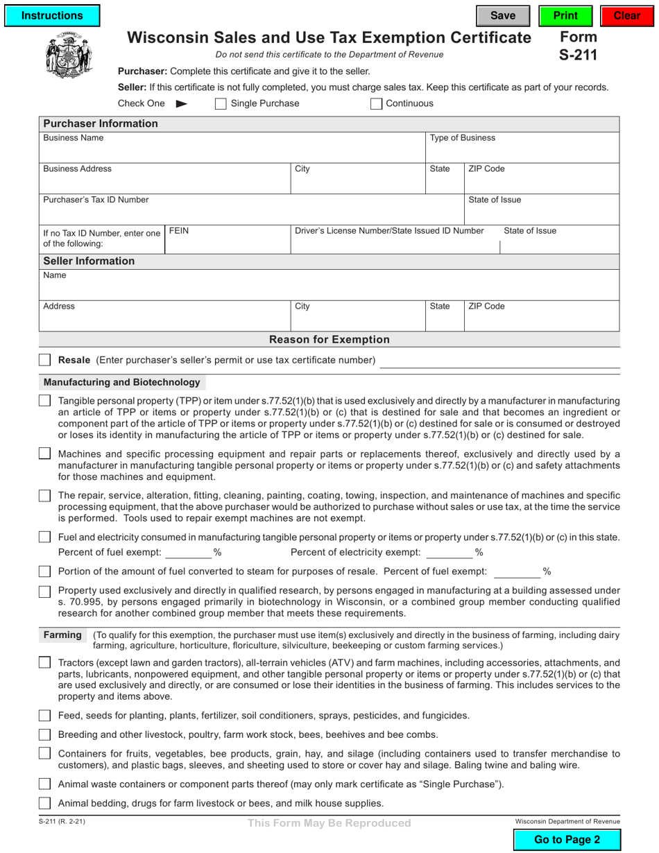Form S-211 Sales and Use Tax Exemption Certificate - Wisconsin, Page 1