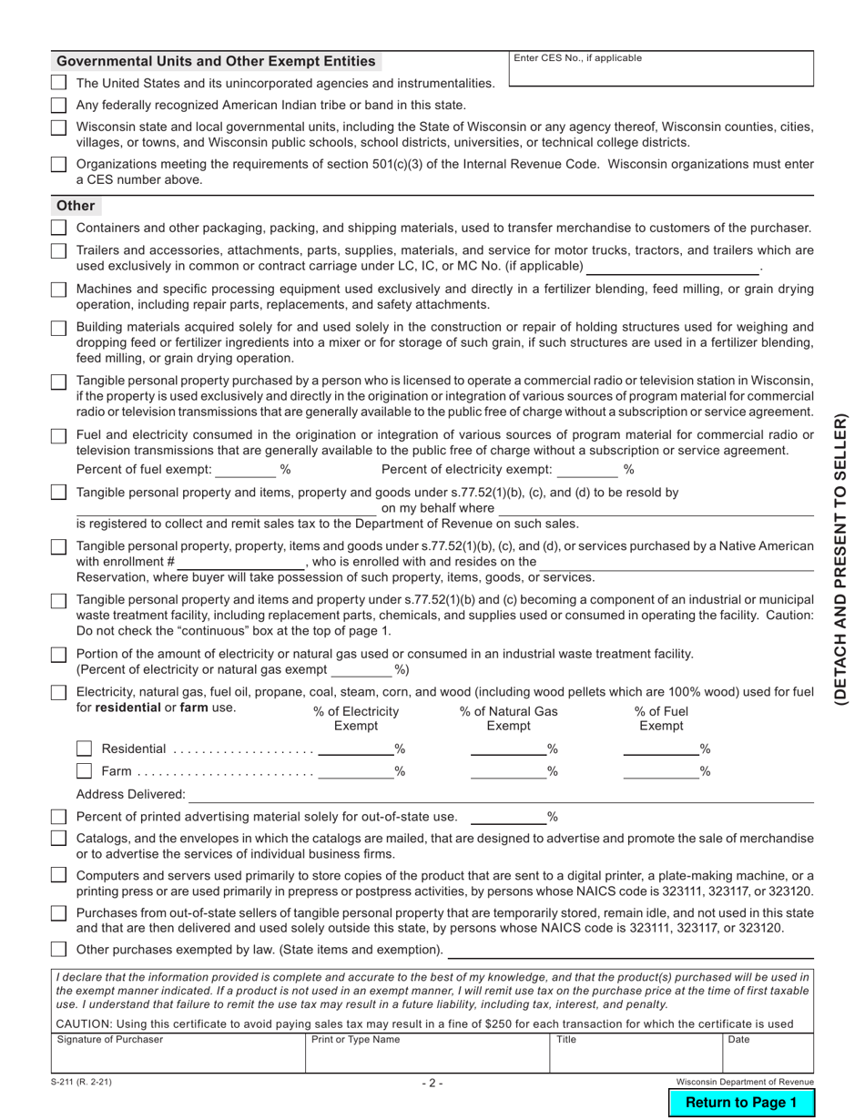 Form S-211 Sales and Use Tax Exemption Certificate - Wisconsin, Page 2