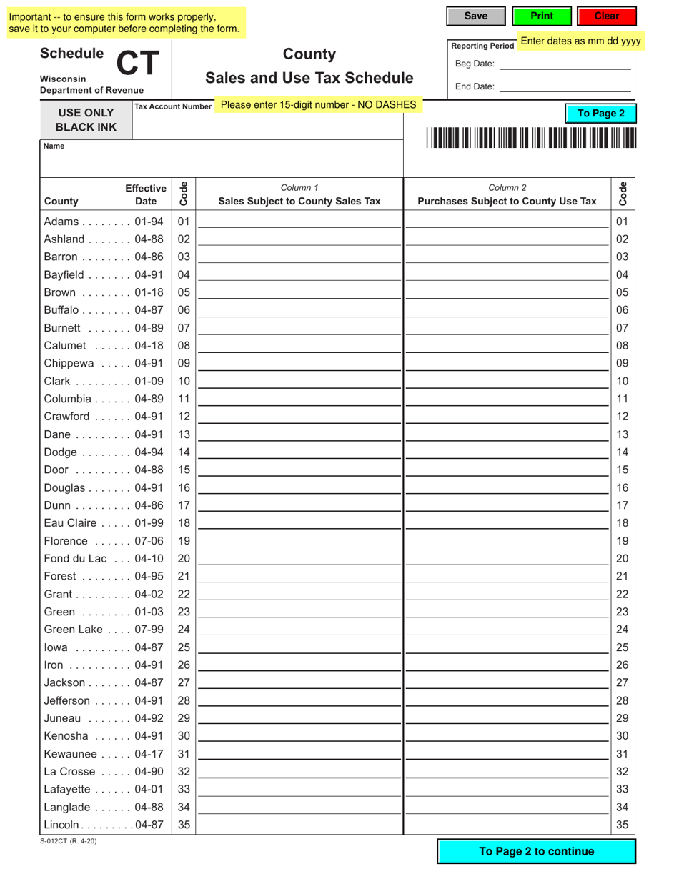 Form S012CT Schedule CT Fill Out, Sign Online and Download Fillable