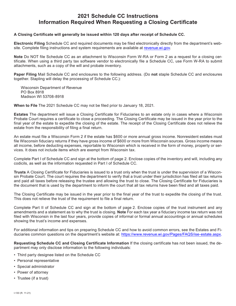 Instructions for Form I-030 Schedule CC Request for a Closing Certificate for Fiduciaries - Wisconsin, Page 1