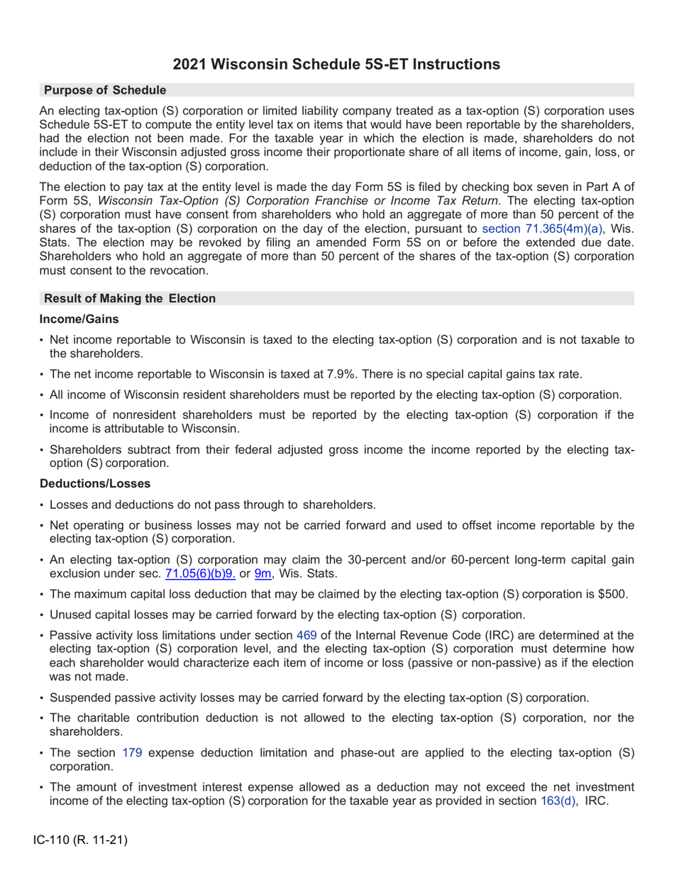 Instructions for Form IC-010 Schedule 5S-ET Entity-Level Tax Computation - Wisconsin, Page 1