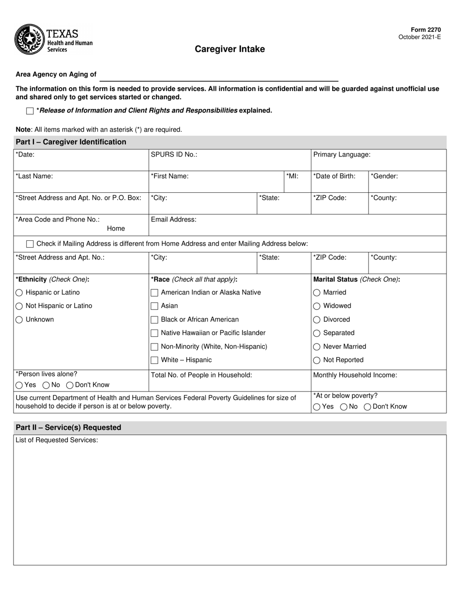 Form 2270 Caregiver Intake - Texas, Page 1