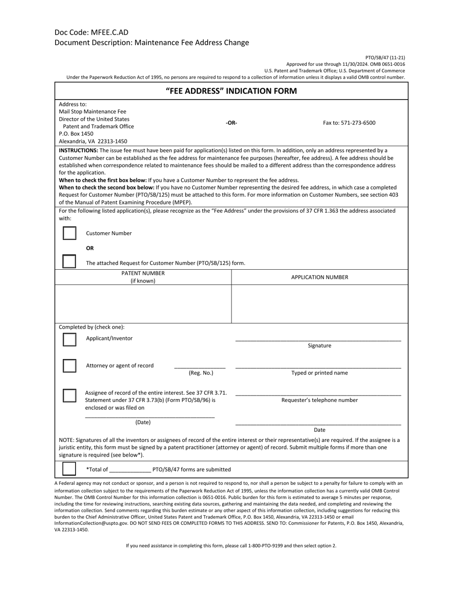 Form PTO/SB/47 Download Fillable PDF or Fill Online Fee Address