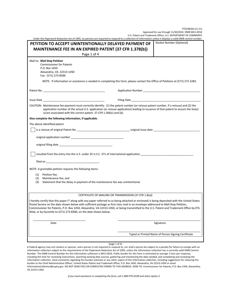 Form PTO/SB/66 Download Fillable PDF or Fill Online Petition to Accept