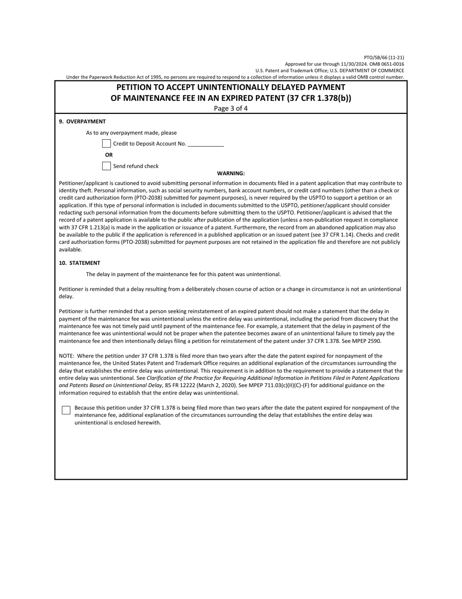 Form PTO / SB / 66 Petition to Accept Unintentionally Delayed Payment of Maintenance Fee in an Expired Patent (37 Cfr 1.378(B)), Page 3