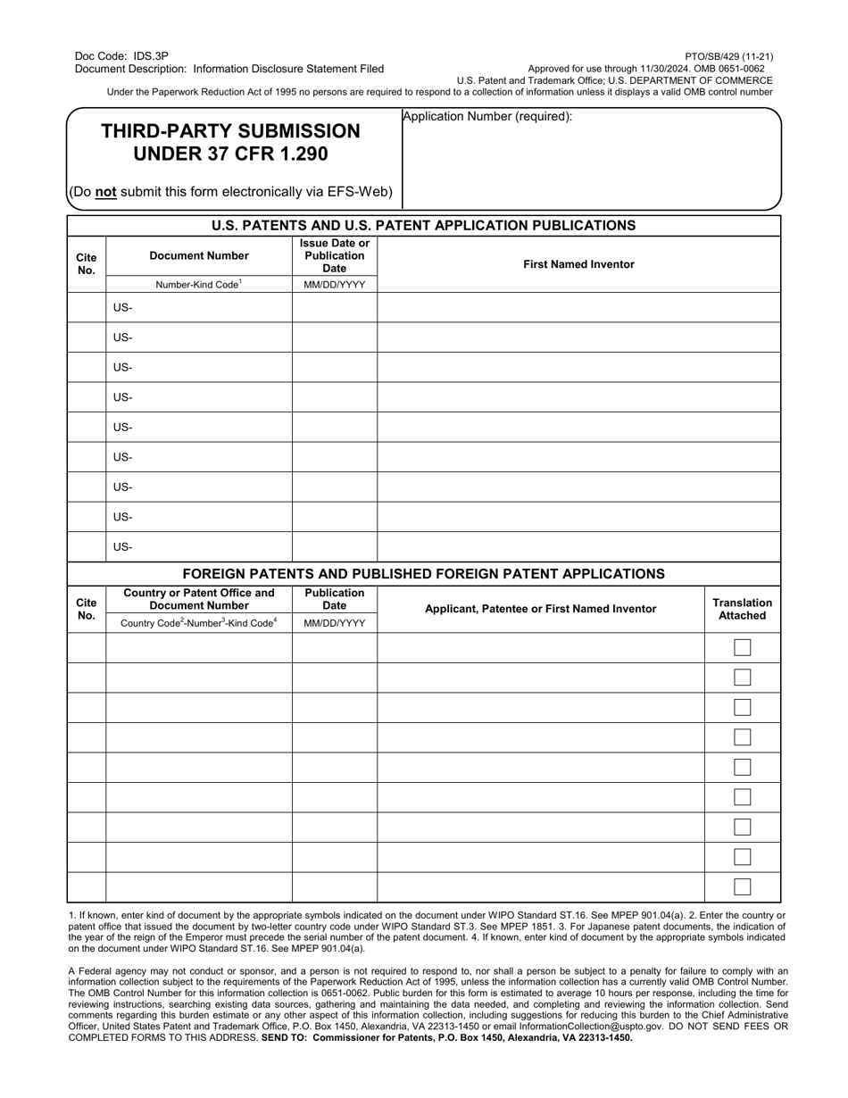 Form PTO / SB / 429 Third-Party Submission Under 37 Cfr 1.290, Page 1