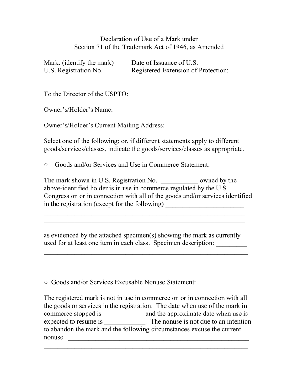 Declaration of Use of a Mark Under Section 71 of the Trademark Act of ...