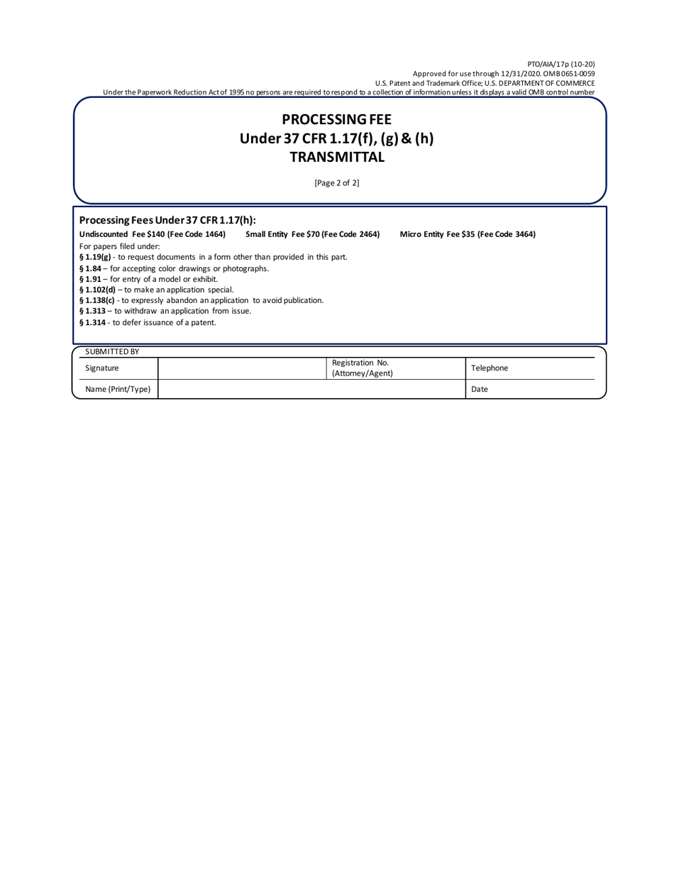 Form PTO / AIA / 17P Processing Fee Under 37 Cfr 1.17(F), (G)  (H) Transmittal, Page 2
