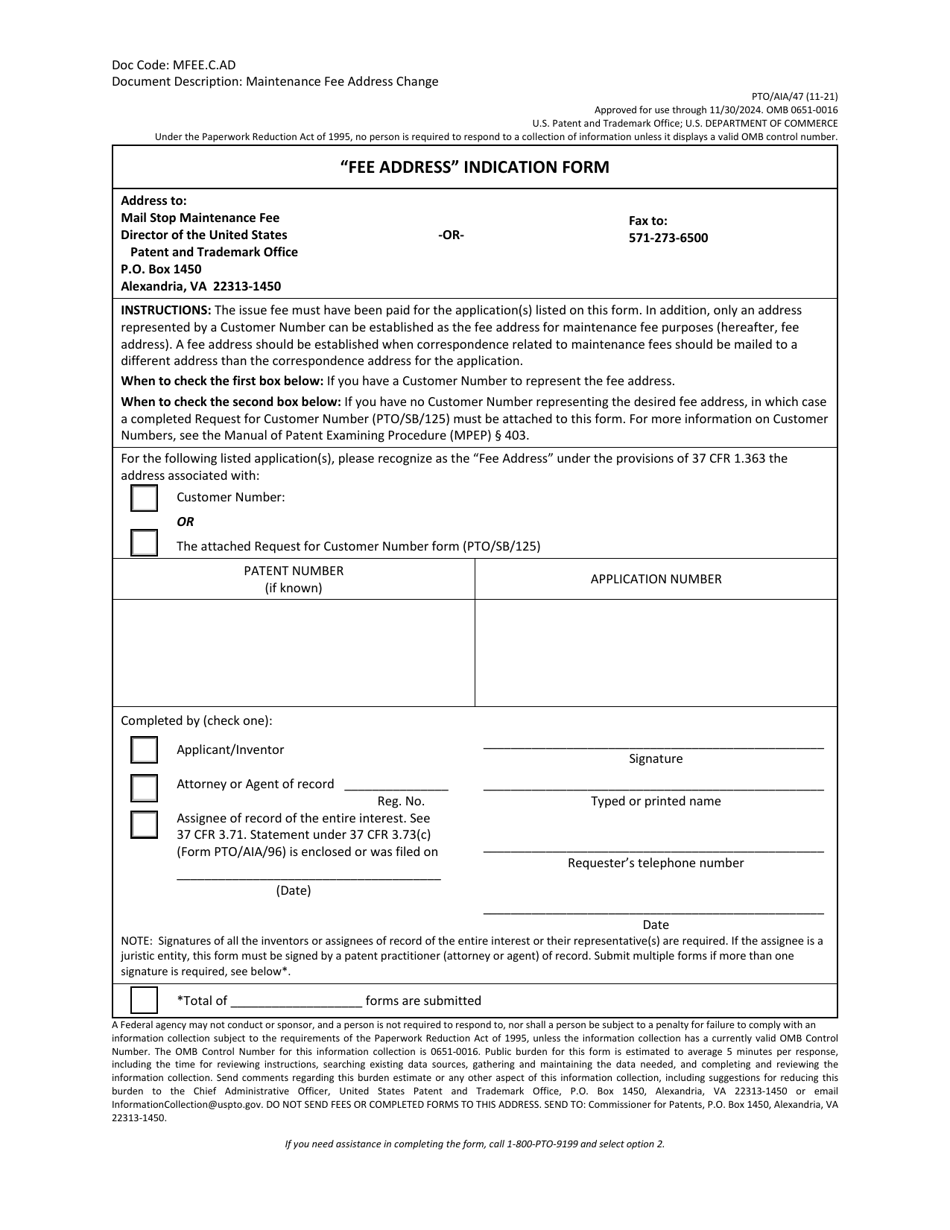 Form PTO / AIA / 47 Fee Address Indication Form, Page 1