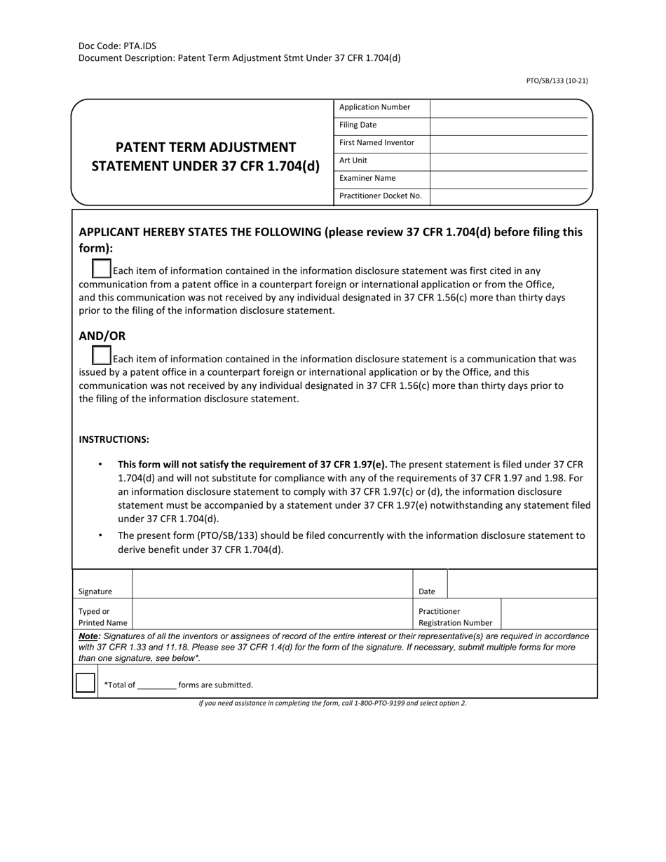 Form PTO / SB / 133 Patent Term Adjustment Statement Under 37 Cfr 1.704(D), Page 1