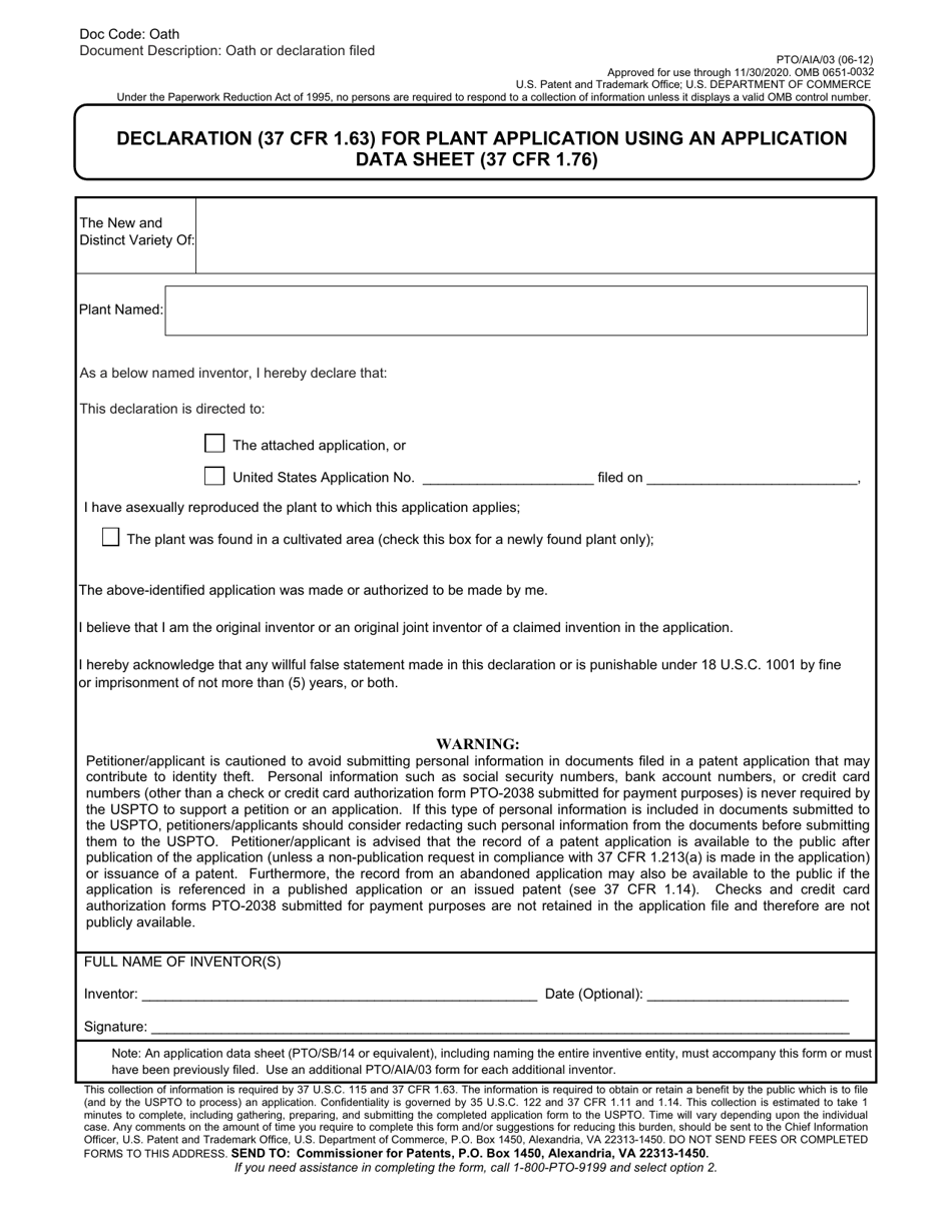 Form PTO / AIA / 03 Declaration (37 Cfr 1.63) for Plant Application Using an Application Data Sheet (37 Cfr 1.76), Page 1