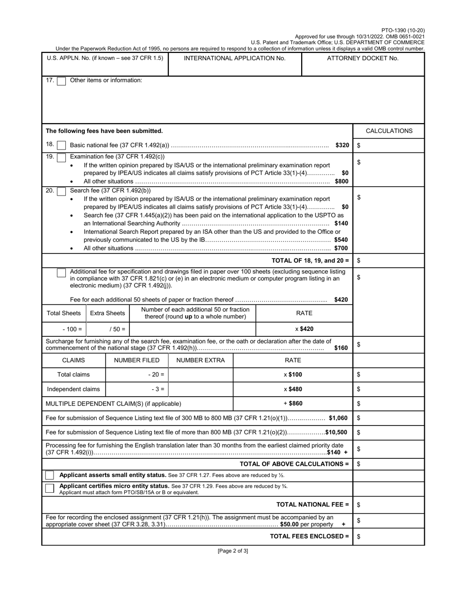 Form PTO-1390 Transmittal Letter to the United States Designated / Elected Office (Do / Eo / US) Concerning a Submission Under 35 U.s.c. 371, Page 2